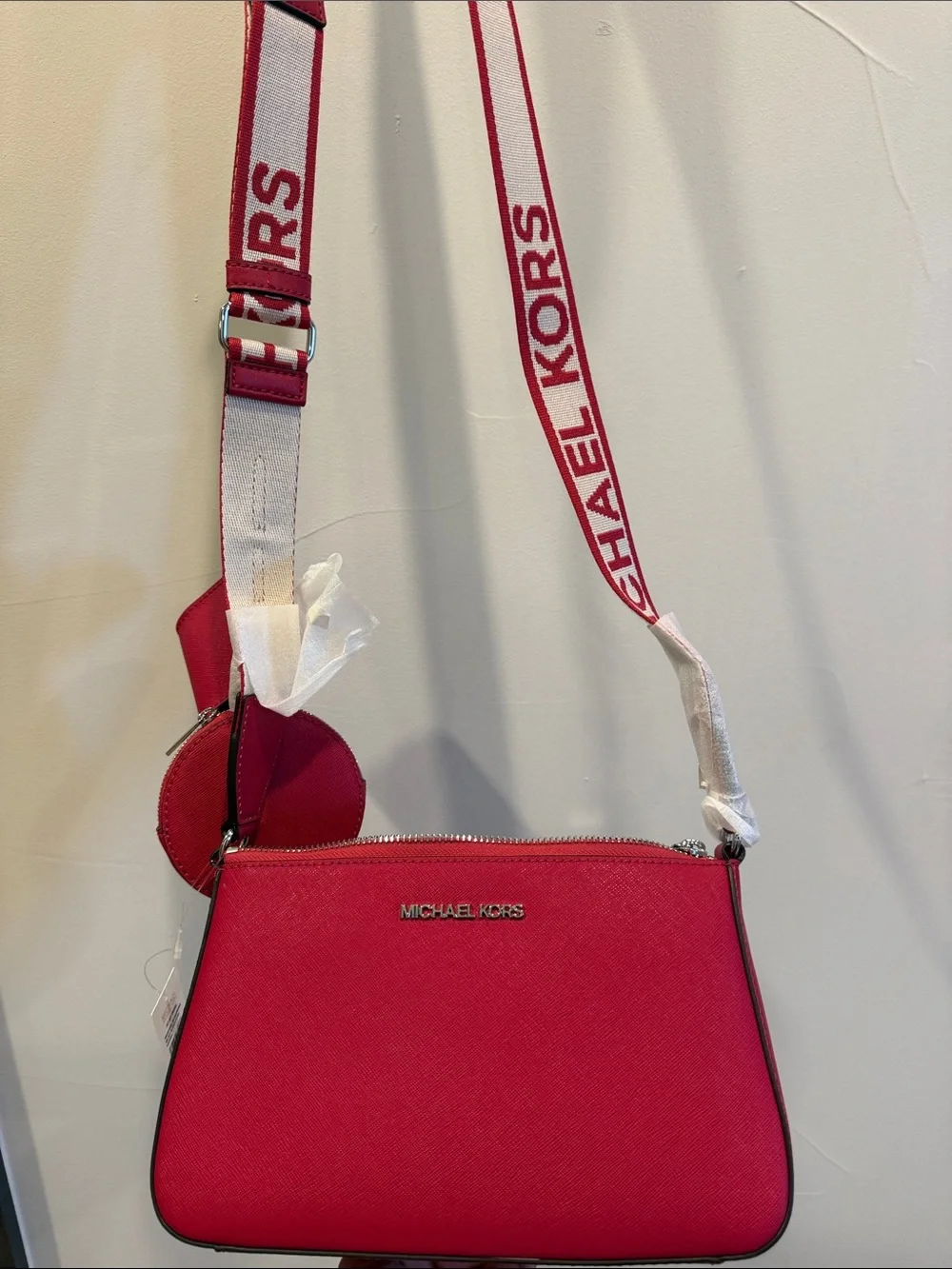 Michael Kors Hot Pink Saffiano Crossbody with Logo Strap